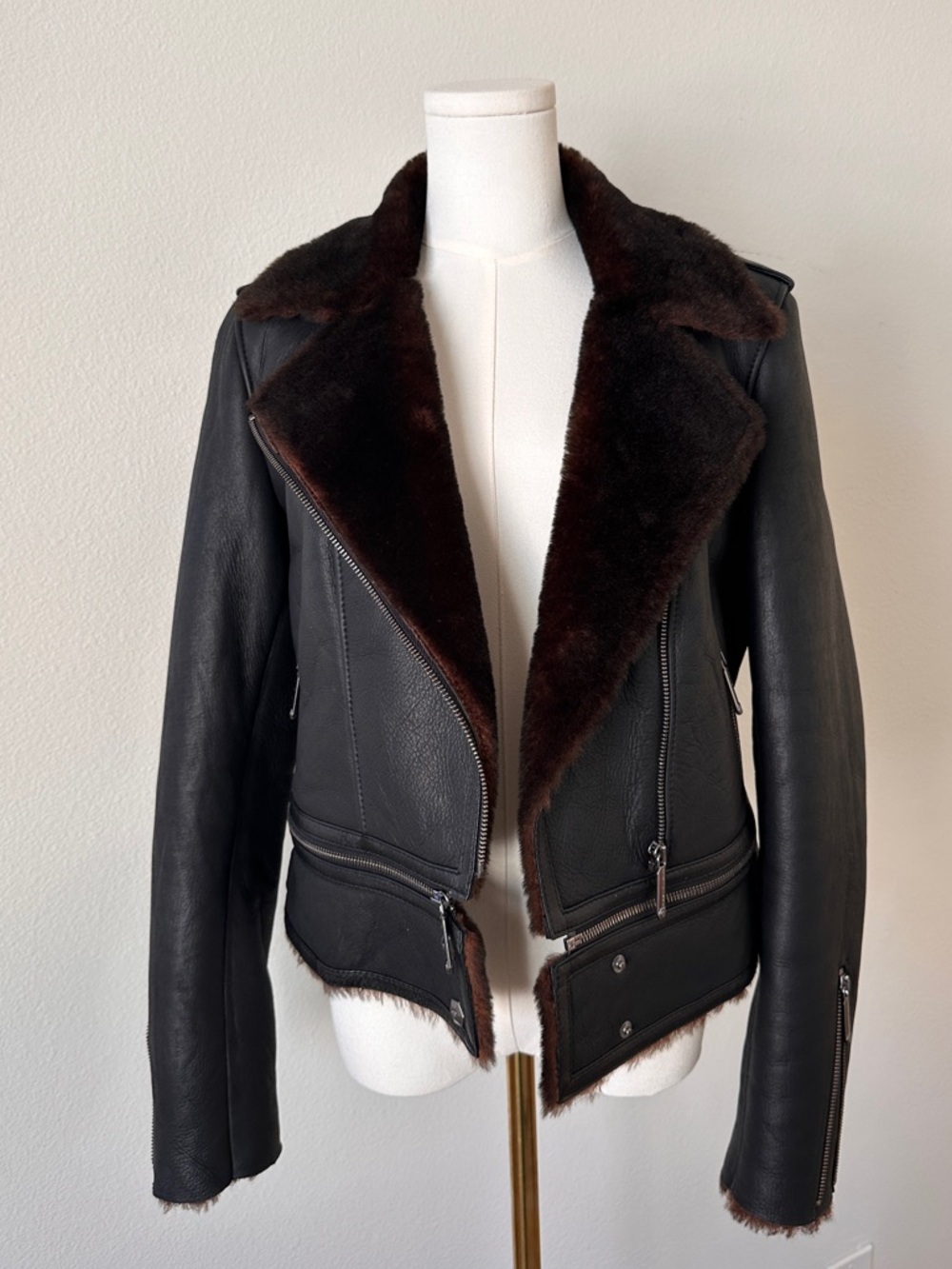 Women’s Black Leather Shearling Jacket with Brown Fur Trim